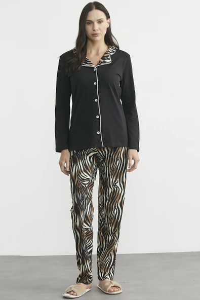 Desen Kombinli Düğmeli Pijama Takım - Siyah - Resim 2