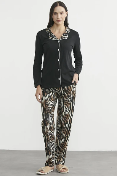 Desen Kombinli Düğmeli Pijama Takım - Siyah - Resim 3