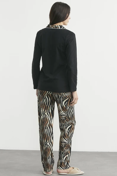 Desen Kombinli Düğmeli Pijama Takım - Siyah - Resim 6