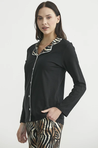 Desen Kombinli Düğmeli Pijama Takım - Siyah - Resim 5