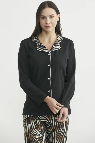 Desen Kombinli Düğmeli Pijama Takım - Siyah ürün görseli