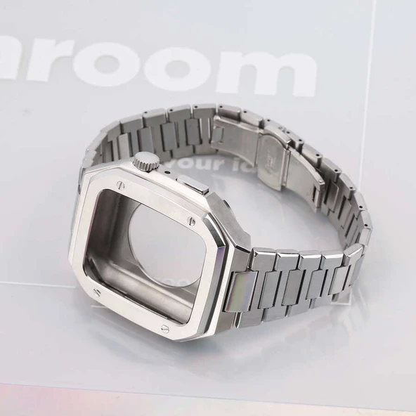 TechnoGuru Apple Watch 7 45mm Kasa Korumalı Klipsli Metal Kordon Seti KRD64 - Resim 2