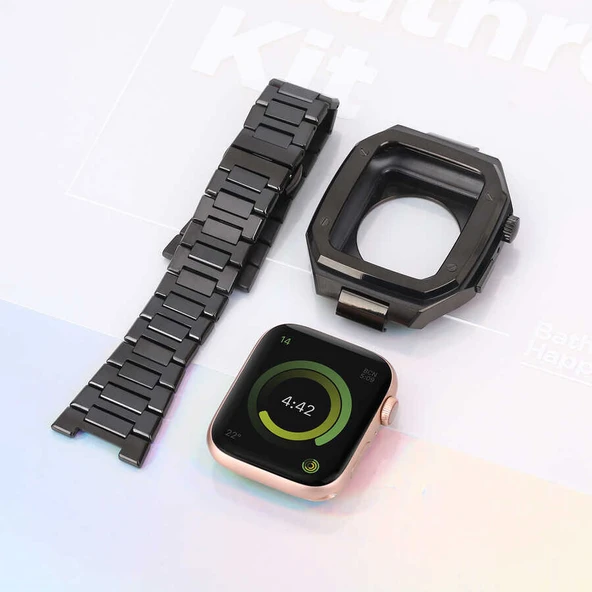 TechnoGuru Apple Watch 7 45mm Kasa Korumalı Klipsli Metal Kordon Seti KRD64 - Resim 4