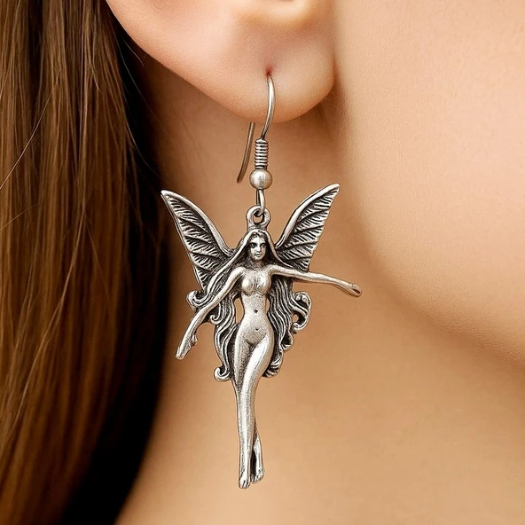 Kanatlı Kadın Şekilli Kadın Küpe Çift Adet Gümüş Kaplama El Yapımı Küpe ürün görseli 1