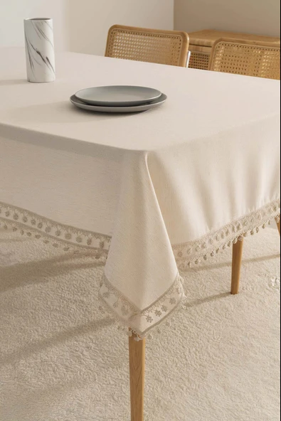 Elegant Bej Çift Sıra Güpür Masa Örtüsü 160x220 cm ürün görseli 1