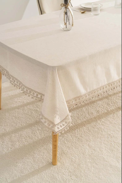 Elegant Bej Çift Sıra Güpür Masa Örtüsü 160x220 cm - Resim 3