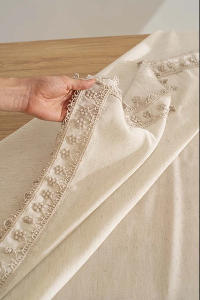 Elegant Bej Çift Sıra Güpür Masa Örtüsü 160x220 cm - Resim 6