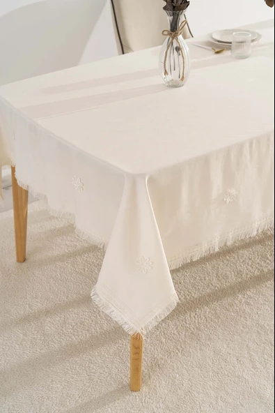 Silvio Krem Güpür Çiçekli Masa Örtüsü 160x220 cm - Resim 3