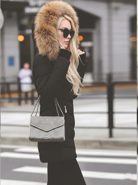 Eldiven Detaylı Siyah Kapüşonlu Orta boy Kürklü Şişme Mont - Resim 2