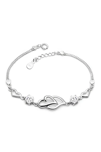 925 Ayar Gümüş Kalp İçinde Kalp Figürlü Taşlı Yeni Model Bileklik Sevgiliye Hediye ürün görseli