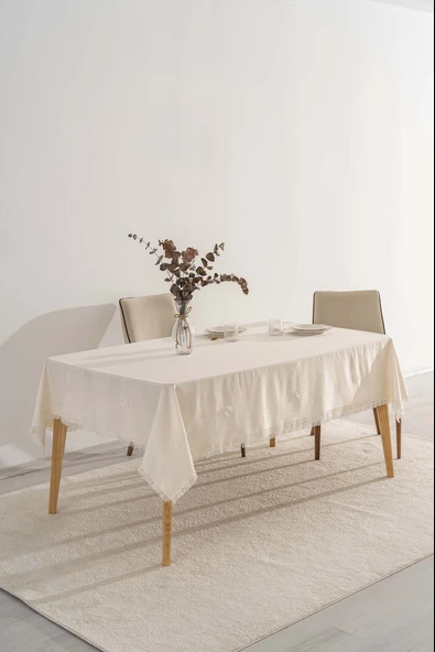Silvio Krem Güpür Çiçekli Masa Örtüsü 160x220 cm - Resim 2