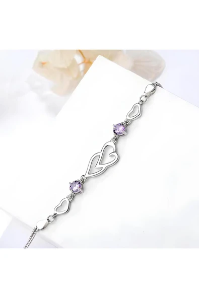 925 Ayar Gümüş Kalp İçinde Kalp Figürlü Taşlı Yeni Model Bileklik Sevgiliye Hediye - Resim 3