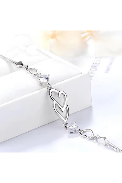 925 Ayar Gümüş Kalp İçinde Kalp Figürlü Taşlı Yeni Model Bileklik Sevgiliye Hediye - Resim 2