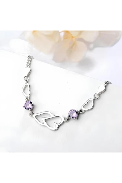 925 Ayar Gümüş Kalp İçinde Kalp Figürlü Taşlı Yeni Model Bileklik Sevgiliye Hediye - Resim 2