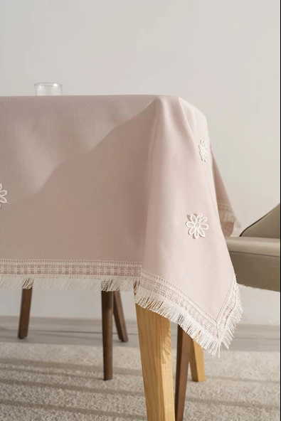 Silvio Pudra Güpür Çiçekli Masa Örtüsü 160x220 cm - Resim 4