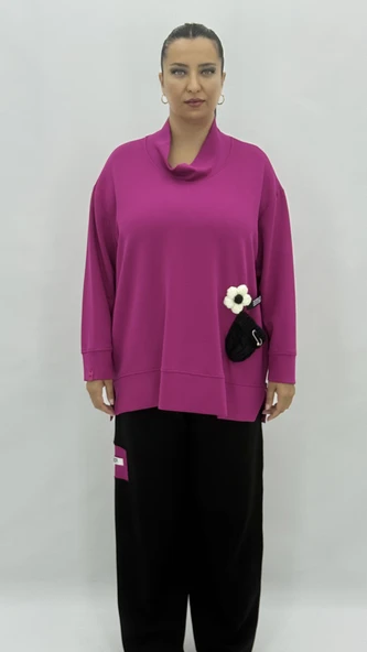 Büyük Beden Geniş Kalıp Çiçek Fiyonklu Hakim Yaka Kadın Eşofman Takımı ürün görseli