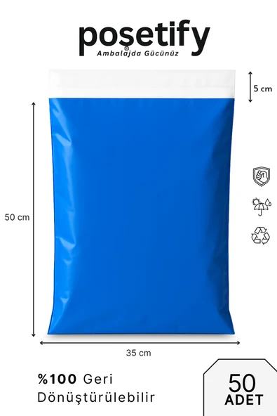 POŞETİFY Mavi Cepsiz Kargo Poşeti 35X50x5 cm | 50 Adet | E-Ticaret Poşeti | Yapışkan Bantlı Kargo Zarfı ürün görseli