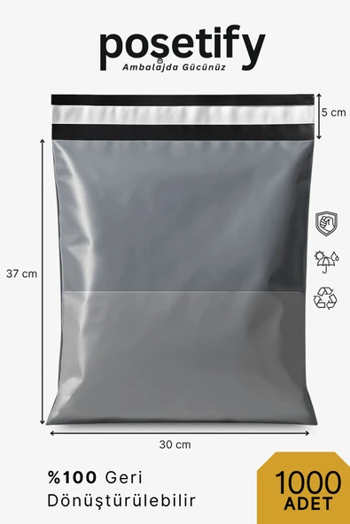 POŞETİFY Cepli Kargo Poşeti 30x37x5 cm | 1000 Adet | E-Ticaret Poşeti | Gri | Yapışkan Bantlı Kargo Zarfı ürün görseli
