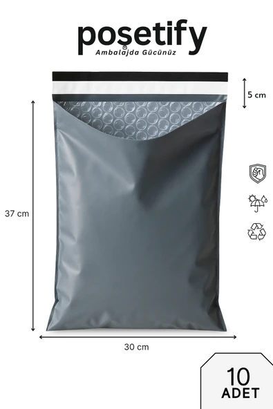 POŞETİFY Balonlu Gri Kargo Poşeti 30X37+5 cm | 10 Adet | Bantlı Patpatlı Kargo Poşeti | Balonlu Naylon Torba ürün görseli