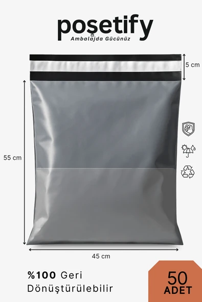 POŞETİFY Cepli Kargo Poşeti 45x55x5 cm | 50 Adet | E-Ticaret Poşeti | Gri | Yapışkan Bantlı Kargo Zarfı ürün görseli