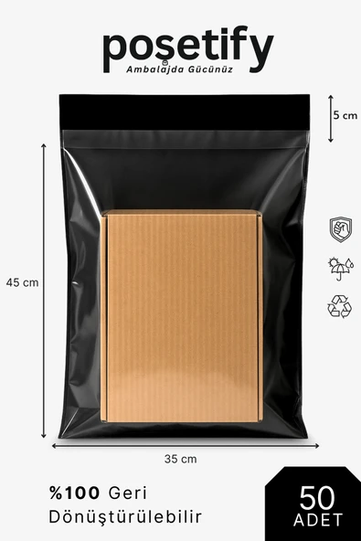 POŞETİFY Tek Tarafı Şeffaf Kargo Poşeti 35X45X5 cm | 50 Adet | Siyah | Yapışkan Bantlı E-Ticaret Poşeti ürün görseli