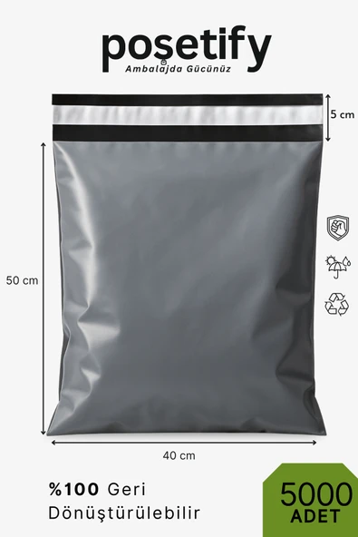 POŞETİFY Cepsiz Kargo Poşeti 40x50x5 cm | 5000 Adet | E-Ticaret Poşeti | Gri | Yapışkan Bantlı Kargo Zarfı ürün görseli