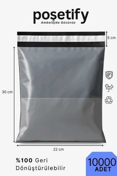POŞETİFY Cepli Kargo Poşeti 22x30x5 cm | 10000 Adet | E-Ticaret Poşeti | Gri | Yapışkan Bantlı Kargo Zarfı ürün görseli