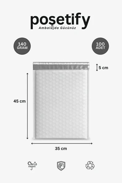 POŞETİFY Balonlu Beyaz Kargo Poşeti 35x45+5 cm | 140 gr Bantlı Patpatlı Kargo Poşeti | 100’lü ürün görseli