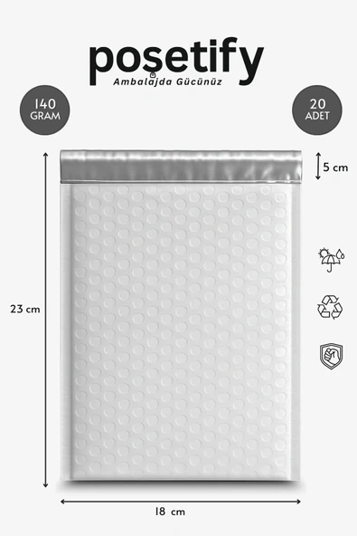 POŞETİFY Balonlu Beyaz Kargo Poşeti 18x23+5 cm | 140 gr Bantlı Patpatlı Kargo Poşeti | 20’li E-Ticaret Poşeti ürün görseli