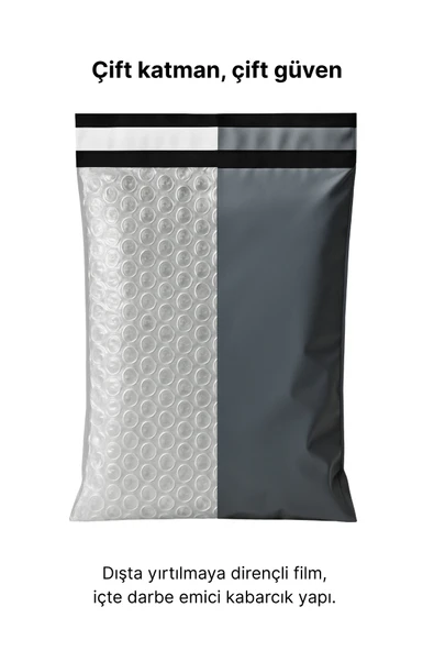 POŞETİFY Balonlu Gri Kargo Poşeti 30X37+5 cm | 10 Adet | Bantlı Patpatlı Kargo Poşeti | Balonlu Naylon Torba - Resim 3