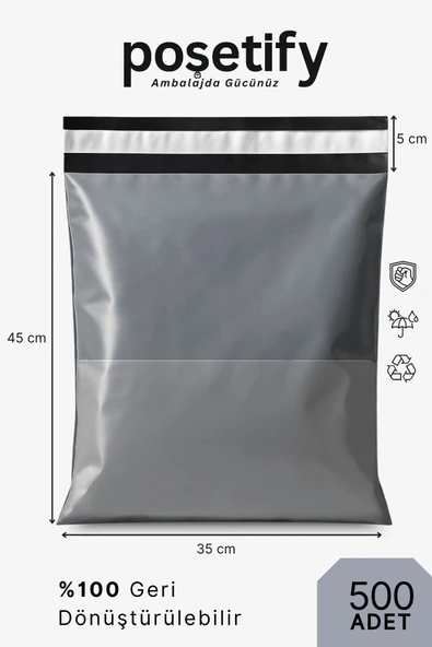 POŞETİFY Cepli Kargo Poşeti 35x45x5 cm | 500 Adet | E-Ticaret Poşeti | Gri | Yapışkan Bantlı Kargo Zarfı ürün görseli