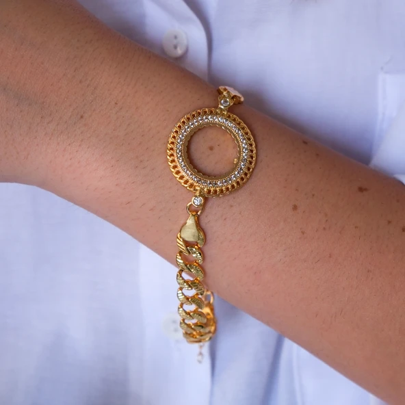 Yarım Altın Çerçeve Bileklik Çelik Altın Kaplama İşlemeli Figaro Model BLK-1102 - Resim 2