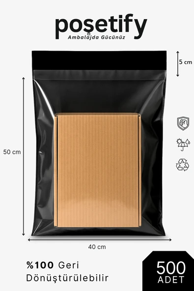 POŞETİFY Tek Tarafı Şeffaf Kargo Poşeti 40X50X5 cm | 500 Adet | Siyah | Yapışkan Bantlı E-Ticaret Poşeti ürün görseli