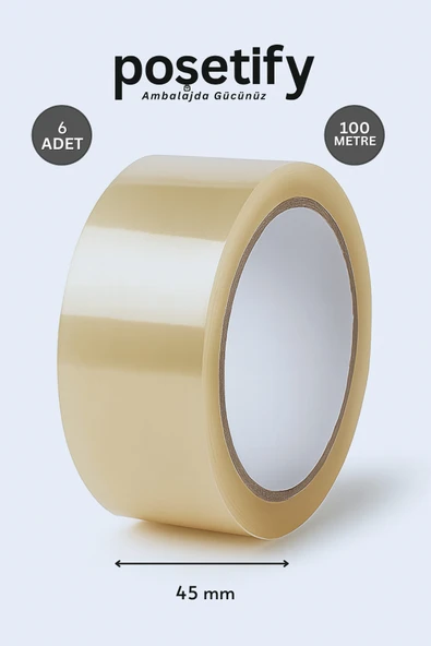 POŞETİFY 45mm x 100 Metre Koli Bandı | Güçlü Yapışkanlı Şeffaf Paketleme Bandı | 6’lı Set ürün görseli