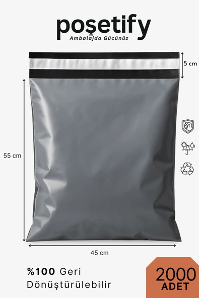 POŞETİFY Cepsiz Kargo Poşeti 45x55x5 cm | 2000 Adet | E-Ticaret Poşeti | Gri | Yapışkan Bantlı Kargo Zarfı ürün görseli