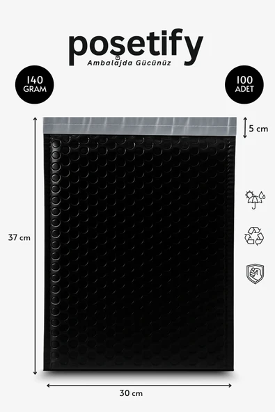 POŞETİFY Balonlu Siyah Kargo Poşeti 30x37+5 cm | 140 gr Bantlı Patpatlı Kargo Poşeti | 100’lü ürün görseli