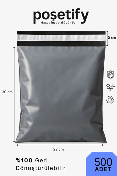 POŞETİFY Cepsiz Kargo Poşeti 22x30x5 cm | 500 Adet | E-Ticaret Poşeti | Gri | Yapışkan Bantlı Kargo Zarfı ürün görseli