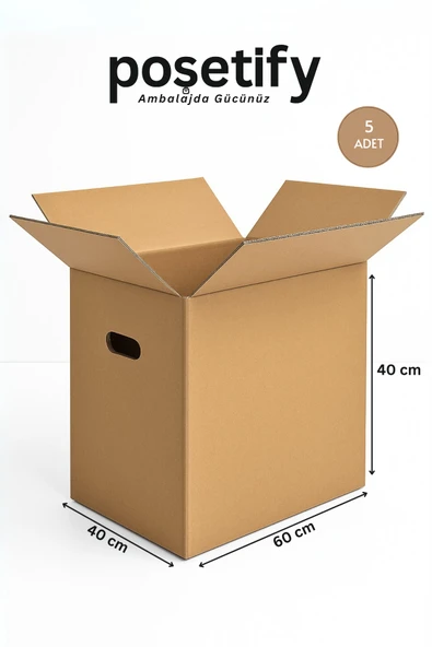 POŞETİFY El Geçmeli Çift Oluklu Koli 60x40x40 | 5’li Set | Taşınma ve İhracat Kolisi ürün görseli