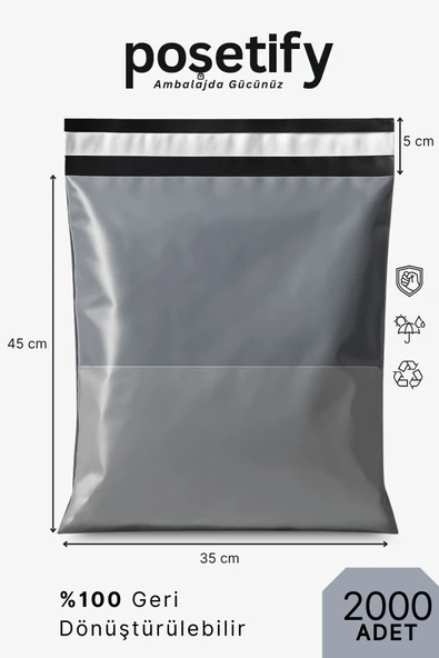 POŞETİFY Cepli Kargo Poşeti 35x45x5 cm | 2000 Adet | E-Ticaret Poşeti | Gri | Yapışkan Bantlı Kargo Zarfı ürün görseli