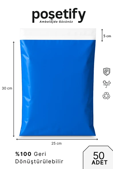 POŞETİFY Mavi Cepsiz Kargo Poşeti 25X30x5 cm | 50 Adet | E-Ticaret Poşeti | Yapışkan Bantlı Kargo Zarfı ürün görseli
