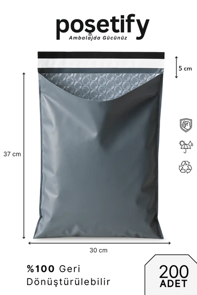 POŞETİFY Balonlu Gri Kargo Poşeti 30X37+5 cm | 200 Adet | Bantlı Patpatlı Kargo Poşeti | Balonlu Naylon Torba ürün görseli