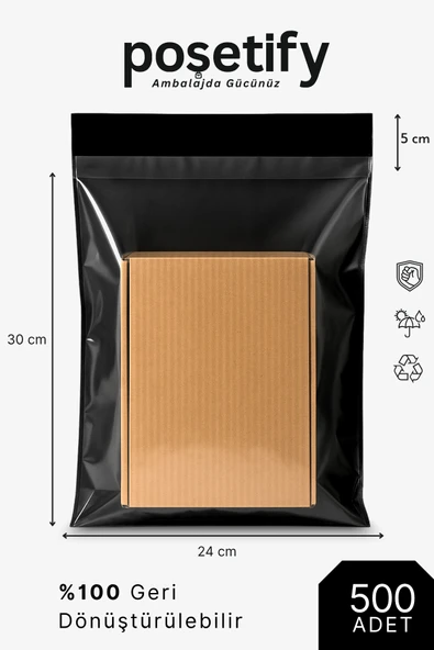 POŞETİFY Tek Tarafı Şeffaf Kargo Poşeti 24X30X5 cm | 500 Adet | Siyah | Yapışkan Bantlı E-Ticaret Poşeti ürün görseli