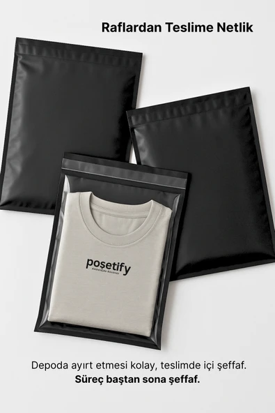 POŞETİFY Tek Tarafı Şeffaf Kargo Poşeti 40X50X5 cm | 10000 Adet | Siyah | Yapışkan Bantlı E-Ticaret Poşeti - Resim 7