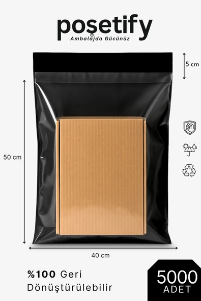 POŞETİFY Tek Tarafı Şeffaf Kargo Poşeti 40X50X5 cm | 5000 Adet | Siyah | Yapışkan Bantlı E-Ticaret Poşeti ürün görseli