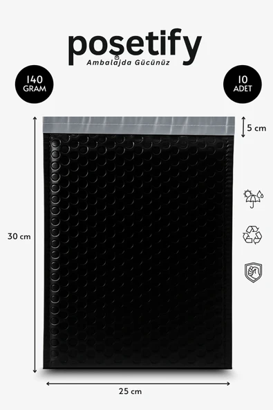 POŞETİFY Balonlu Siyah Kargo Poşeti 25x30+5 cm | 140 gr Bantlı Patpatlı Kargo Poşeti | 10’li E-Ticaret Poşeti ürün görseli