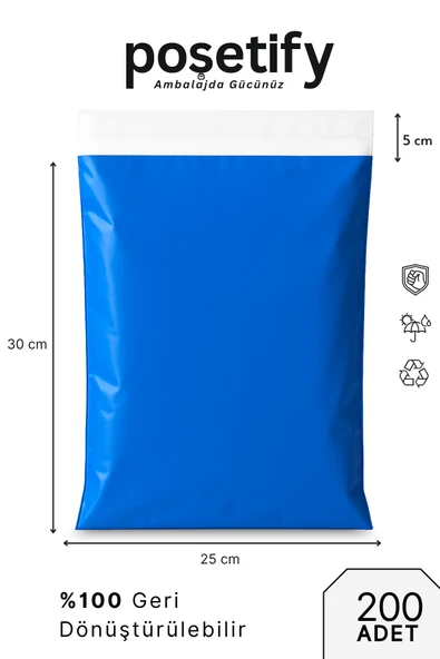 POŞETİFY Mavi Cepsiz Kargo Poşeti 25X30x5 cm | 200 Adet | E-Ticaret Poşeti | Yapışkan Bantlı Kargo Zarfı ürün görseli