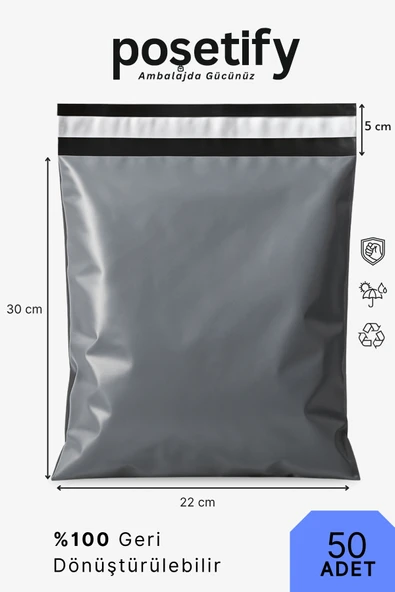 POŞETİFY Cepsiz Kargo Poşeti 22x30x5 cm | 50 Adet | E-Ticaret Poşeti | Gri | Yapışkan Bantlı Kargo Zarfı ürün görseli