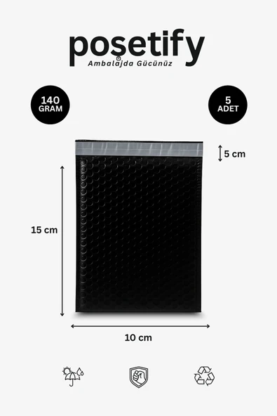 POŞETİFY Balonlu Siyah Kargo Poşeti 10x15+5 cm | 140 gr Bantlı Patpatlı Kargo Poşeti | 5’li E-Ticaret Poşeti ürün görseli