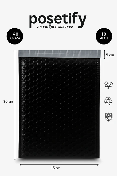 POŞETİFY Balonlu Siyah Kargo Poşeti 15x20+5 cm | 140 gr Bantlı Patpatlı Kargo Poşeti | 10’li E-Ticaret Poşeti ürün görseli