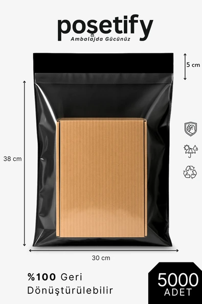 POŞETİFY Tek Tarafı Şeffaf Kargo Poşeti 30X38X5 cm | 5000 Adet | Siyah | Yapışkan Bantlı E-Ticaret Poşeti ürün görseli
